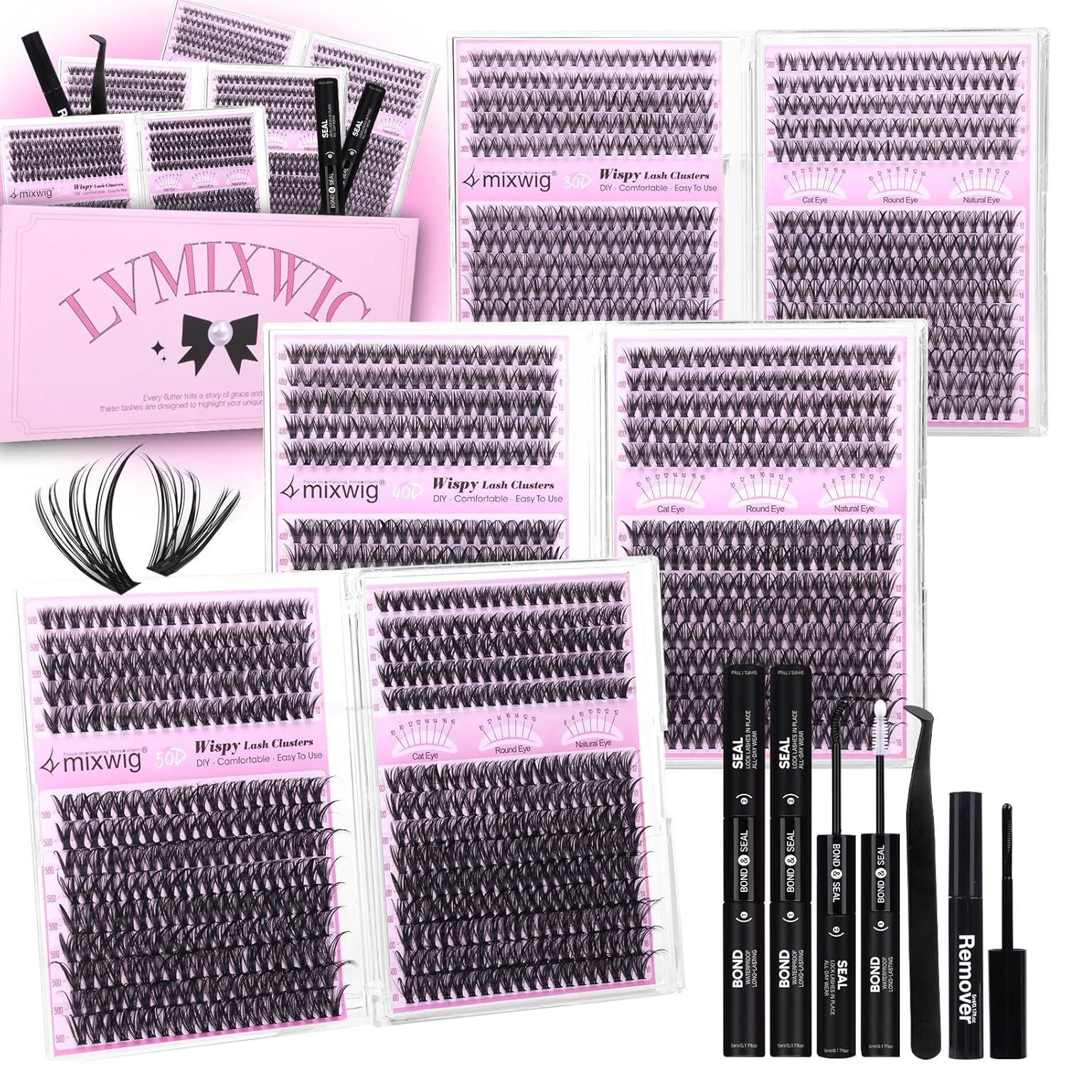6 Box Lash Clusters Kit 30D+40D+50D Lash Extension Kit 1680PCS Eyelash Clusters with 2X Lash Bond and Seal Wispy Cluster Lashes Gift Packs Natural Lash Extensions 8-16MM Individual Lashes