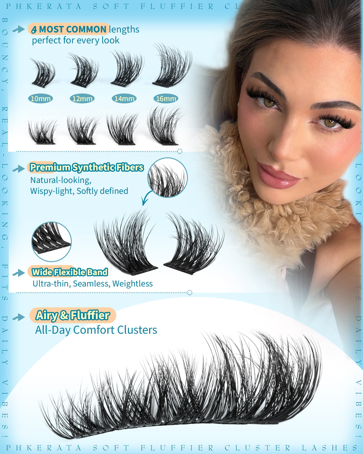 "Fluffy Lash Clusters Wispy Eyelash Clusters Natural C Curl Cluster Eyelash Extensions Volume Individual Lashes DIY Eyelash Extension with Soft Thin Band, 10-16mm"