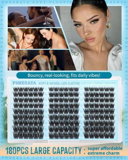 "Fluffy Lash Clusters Wispy Eyelash Clusters Natural C Curl Cluster Eyelash Extensions Volume Individual Lashes DIY Eyelash Extension with Soft Thin Band, 10-16mm"
