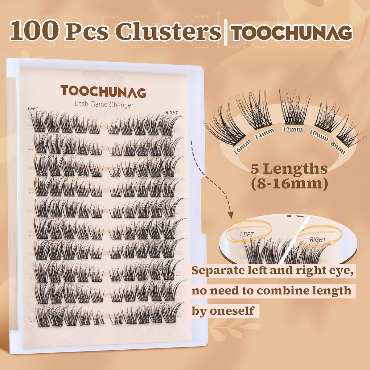 TOOCHUNAG Lash Clusters 8-16 Natural Eyelash Clusters 100pcs C-Curly Wispy Individual Lashes Left&amp;Right DIY Lash Extension Thin Band Cluster Eyelashes Extensions