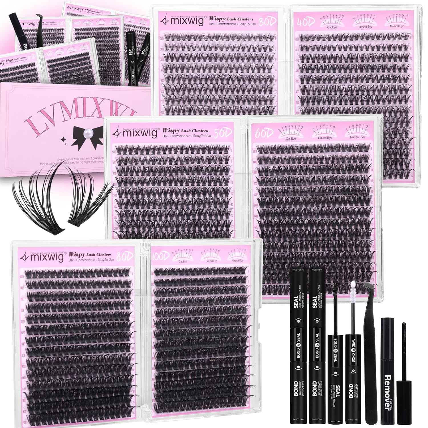 6 Styles Lash Clusters Kit 1596PCS Mega Lash Extension Kit Wispy Eyelash Clusters Volume Cluster Lashes with 2X Lash Bond and Seal Gift Packs 8-16MM D Curl Individual Lashes for Beginners