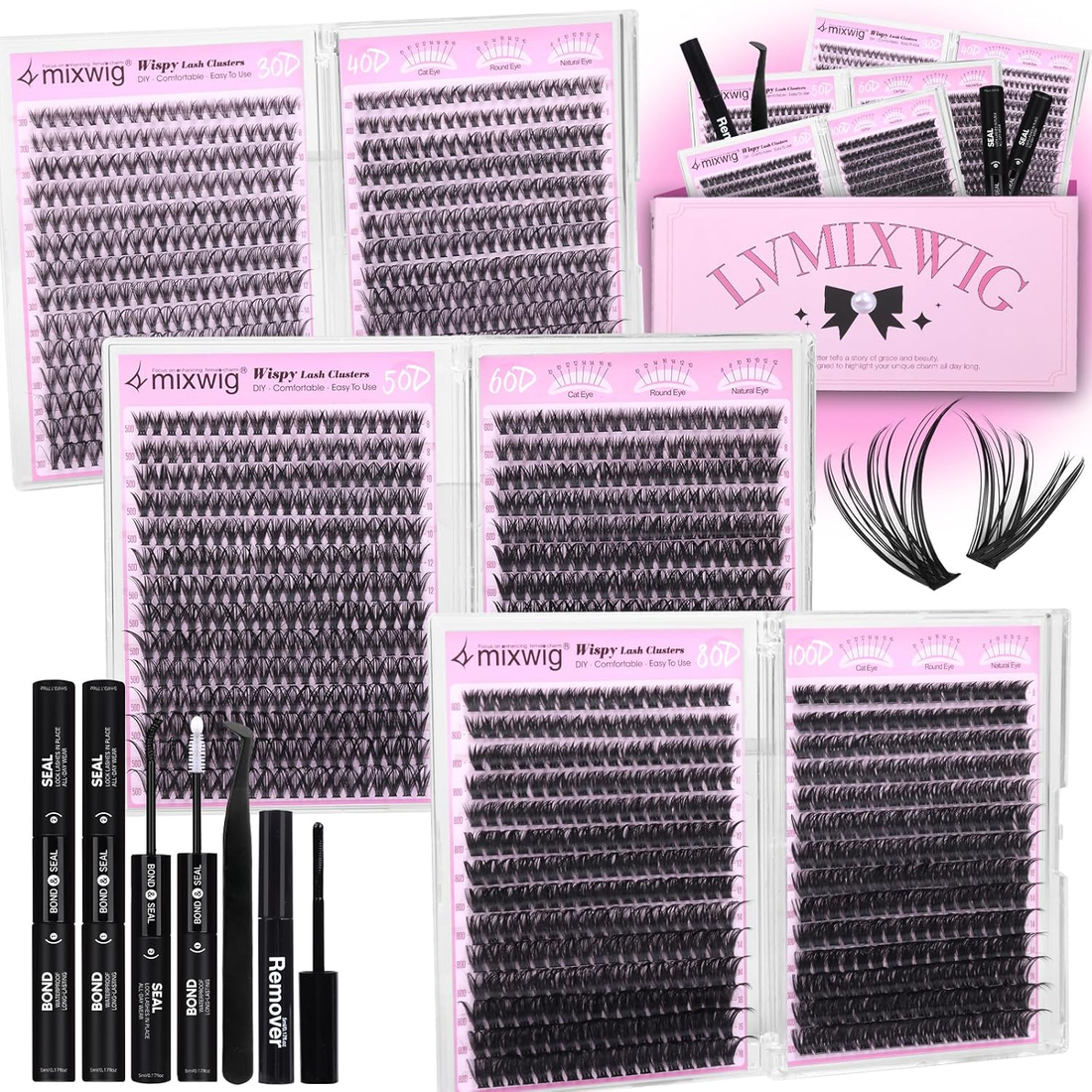 6 Styles Lash Clusters Kit 1596PCS Mega Lash Extension Kit Wispy Eyelash Clusters Volume Cluster Lashes with 2X Lash Bond and Seal Gift Packs 8-16MM D Curl Individual Lashes for Beginners